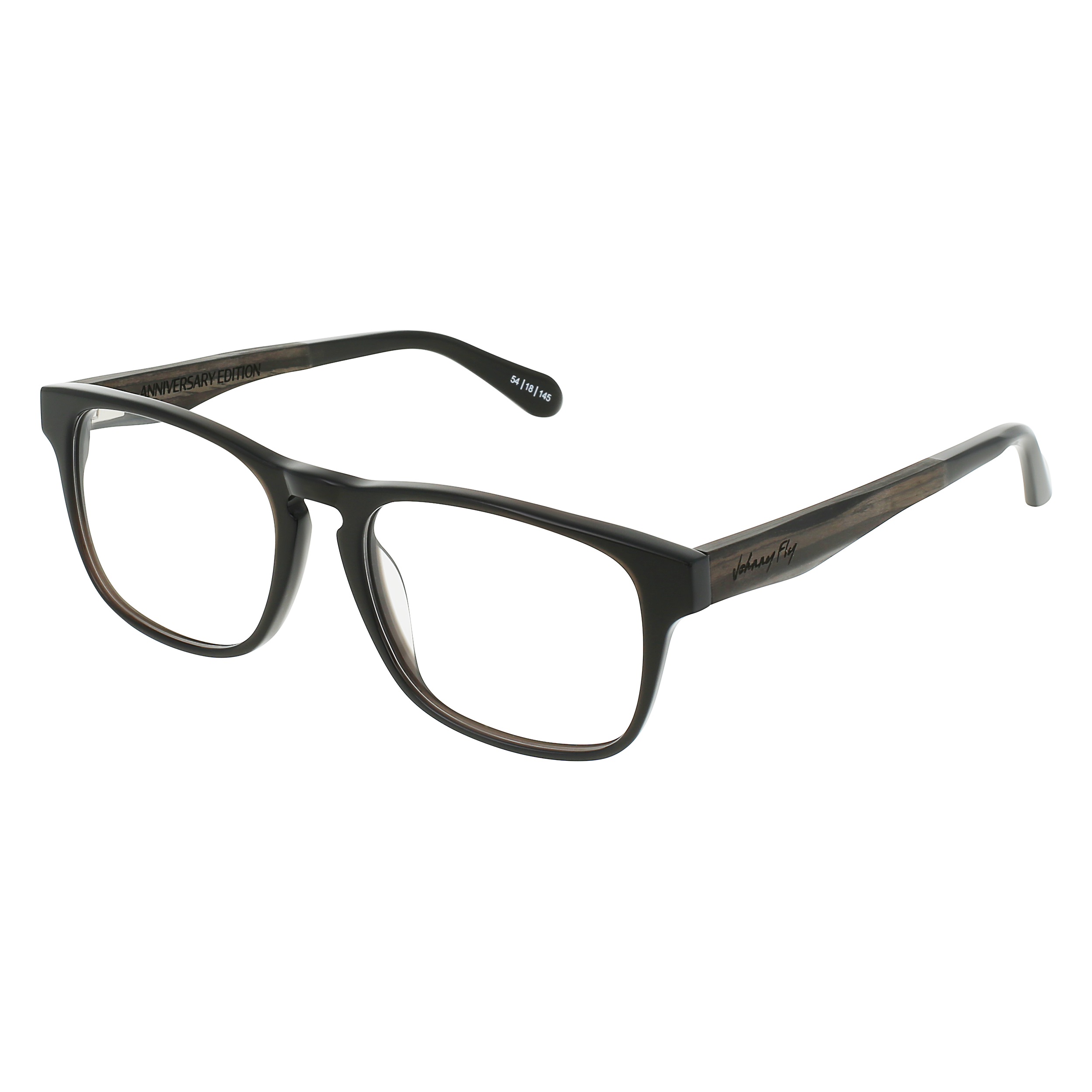 Johnny Fly Splinter Sunglasses featuring a timeless minimal design, iconic acetate front section, wooden arms, spring hinges, and nylon polarized lenses.