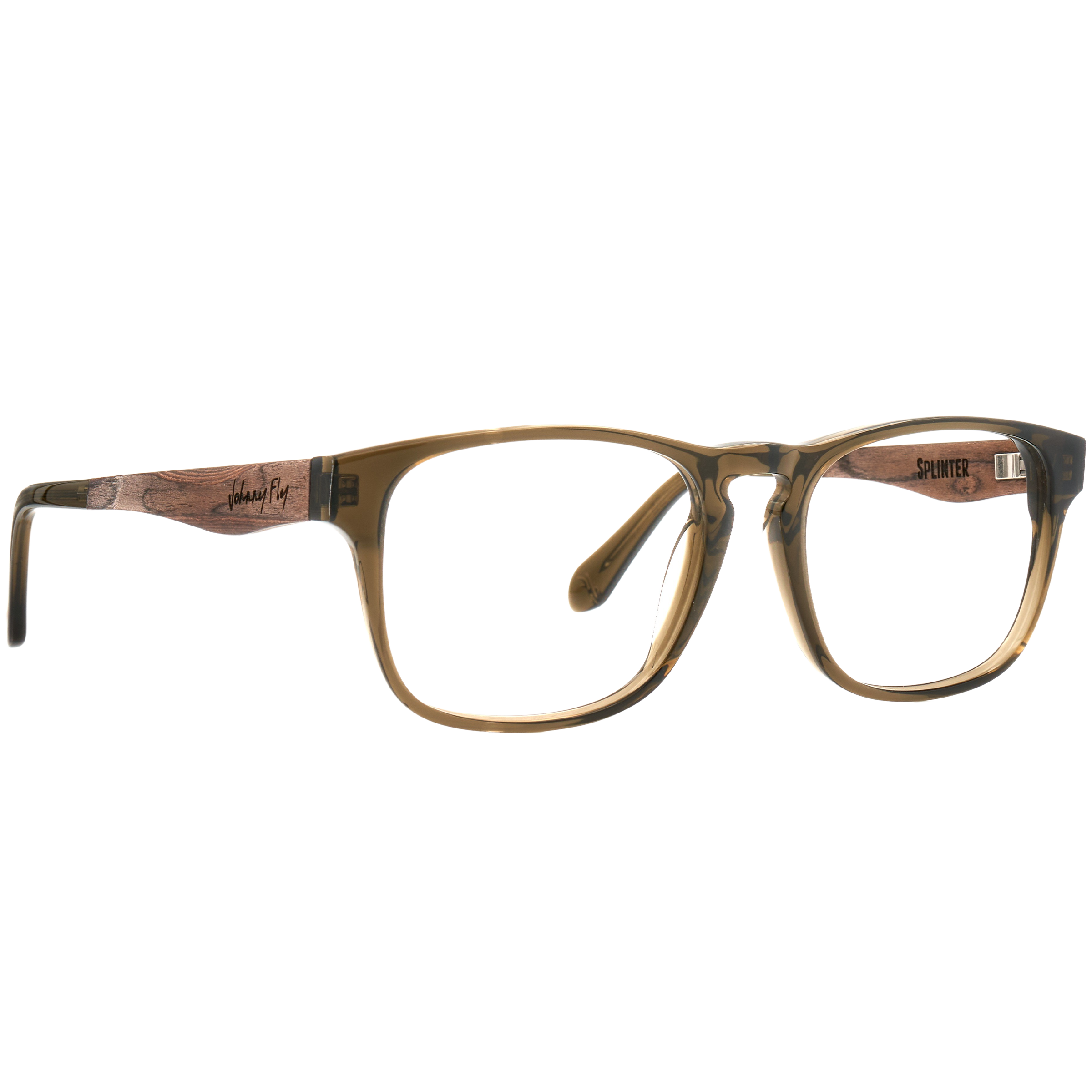 Johnny Fly Splinter sunglasses with a modern minimal design, featuring an acetate front section and wooden arms, complete with spring hinges and nylon polarized lenses.