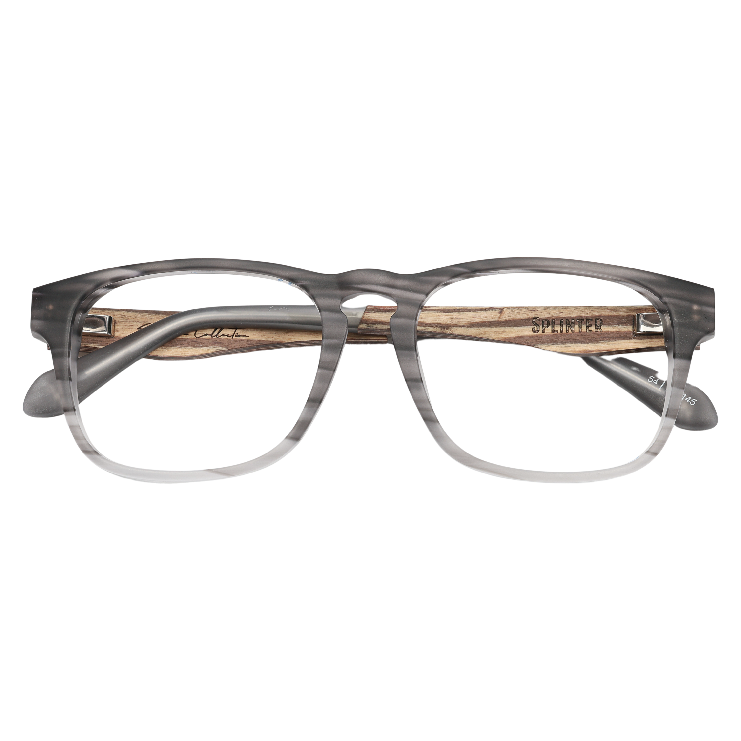 Front view of Johnny Fly&#39;s Splinter Sunglasses showcasing a sleek, modern design with an acetate front section, wooden arms, and spring hinges, equipped with nylon polarized lenses for optimal eye protection and a timeless minimalist look.