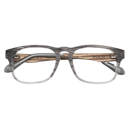 Front view of Johnny Fly's Splinter Sunglasses showcasing a sleek, modern design with an acetate front section, wooden arms, and spring hinges, equipped with nylon polarized lenses for optimal eye protection and a timeless minimalist look.