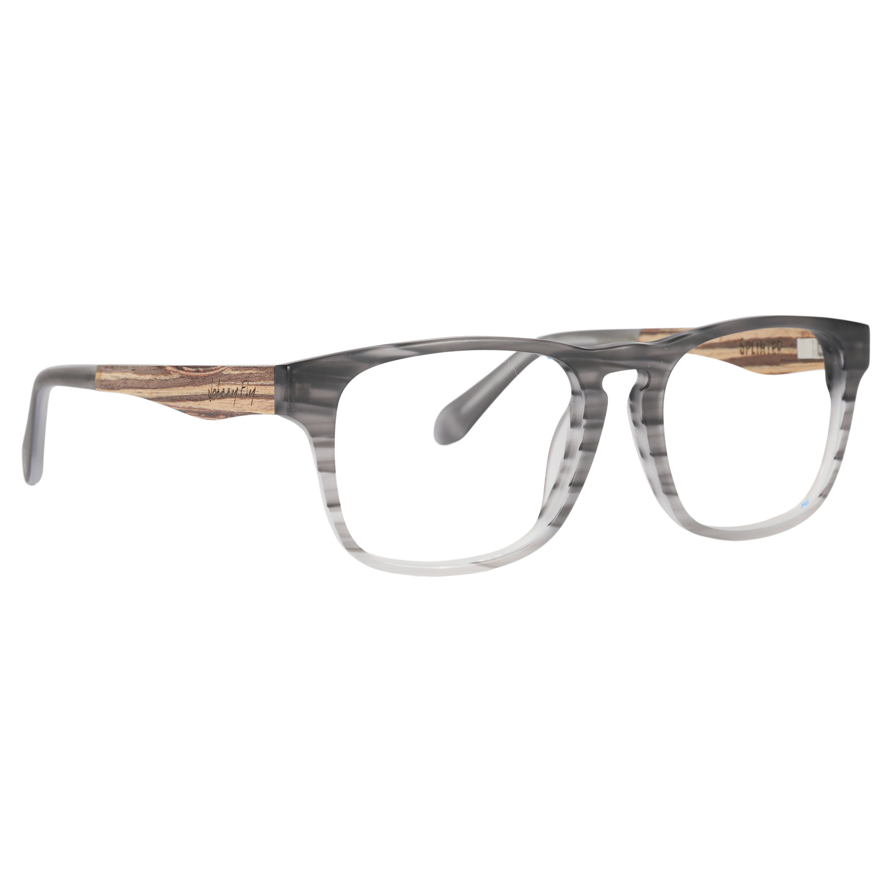 Johnny Fly &quot;Splinter&quot; sunglasses featuring a modern simplicity design with an iconic acetate front, wooden arms, spring hinges, and nylon polarized lenses for superior eyewear performance.