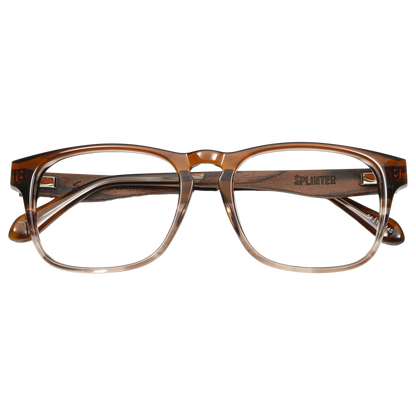 Modern Splinter Sunglasses by Johnny Fly featuring a timeless minimal design with an acetate front section, wooden arms, spring hinges, and nylon polarized lenses.