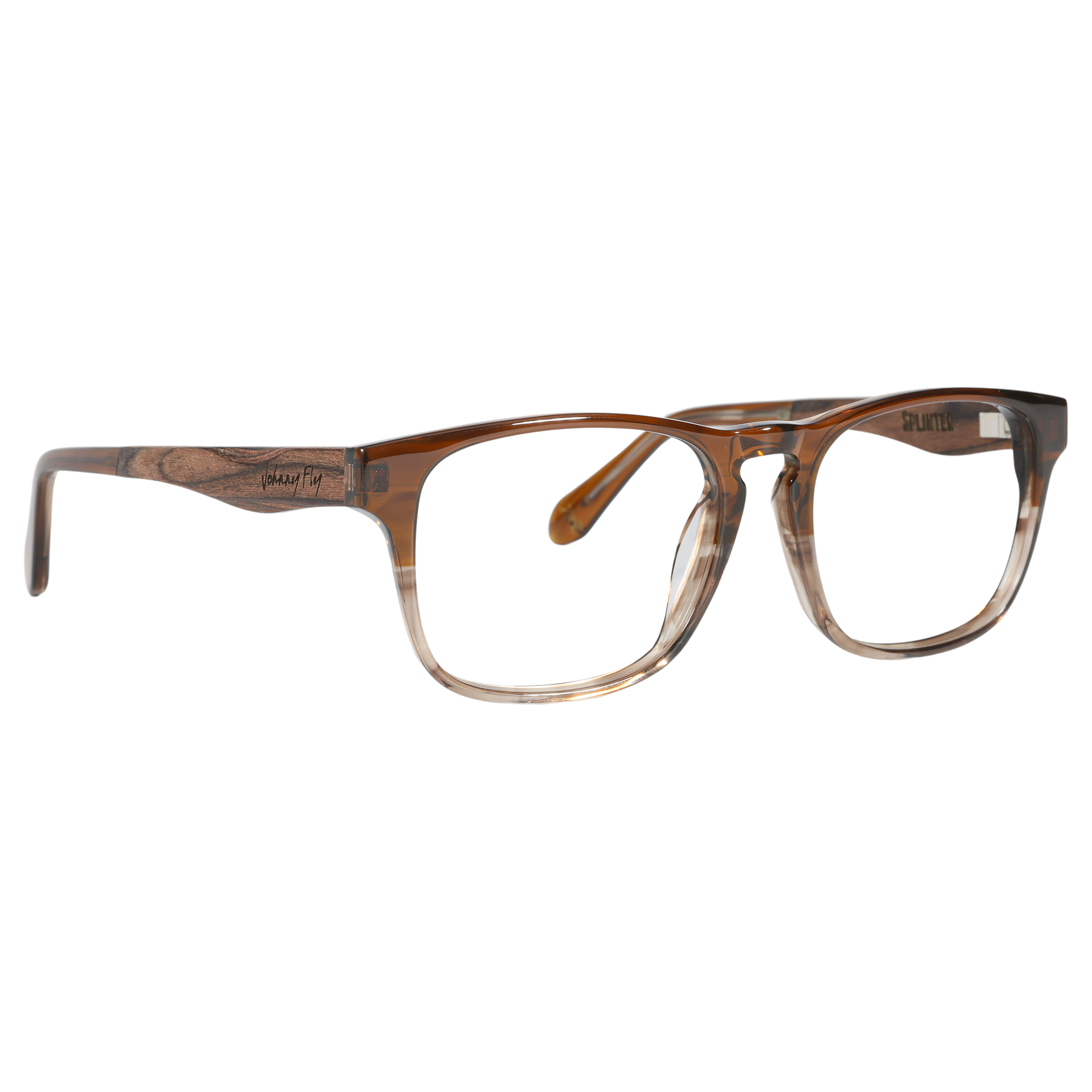 Johnny Fly Splinter Sunglasses featuring a sleek modern simplicity design with an iconic acetate front section, wooden arms, spring hinges, and nylon polarized lenses.