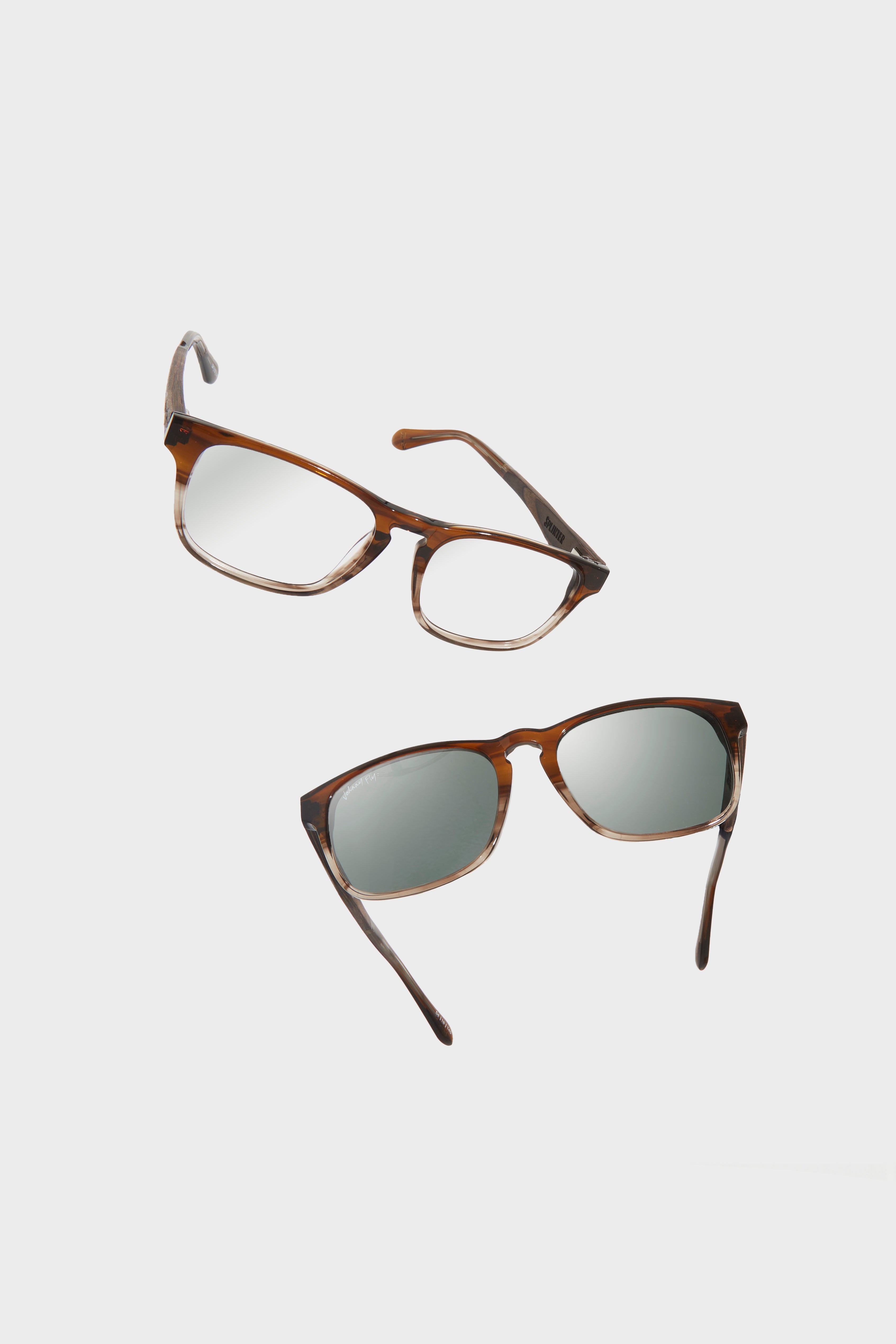 Johnny Fly &quot;Splinter&quot; modern simplicity sunglasses with acetate front section, wooden arms, and polarized lenses, showcasing timeless minimal design and innovative eyewear craftsmanship.