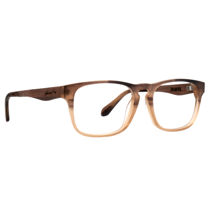 Johnny Fly Splinter Sunglasses with modern simplicity featuring an acetate front section, wooden arms, spring hinges, and nylon polarized lensing.