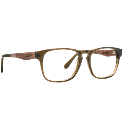 Johnny Fly Splinter sunglasses with a modern minimal design, featuring an acetate front section and wooden arms, complete with spring hinges and nylon polarized lenses.